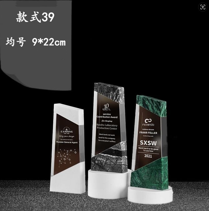 Crystal Award: Angled Crystal with Marble Base in Green, Gray & White