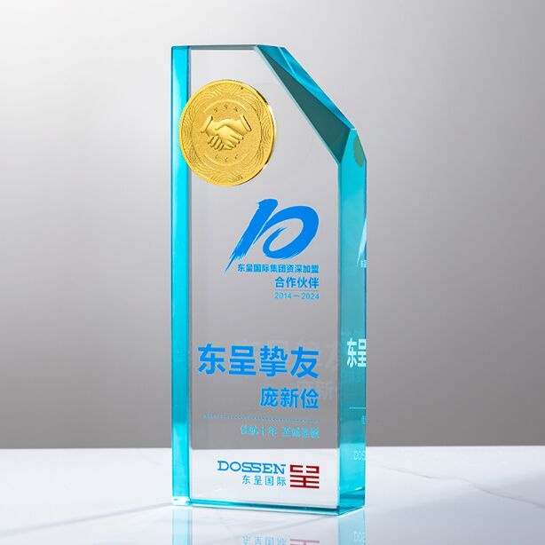 Crystal Award - Clear Crystal Rectangular with Turquoise Accents and Golden Emblem