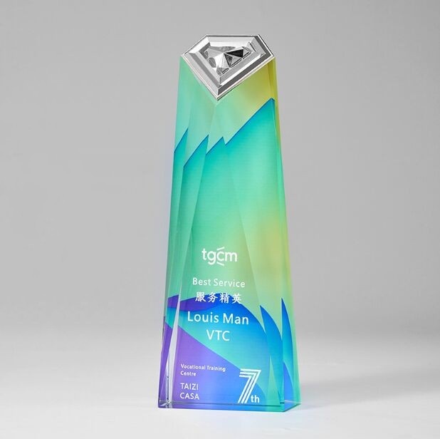Crystal Award - Gradient Blue & Green Prism with Silver Top