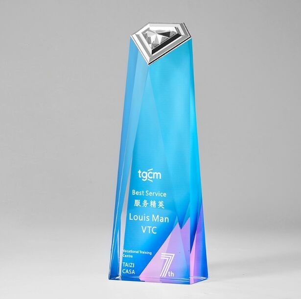 Blue Crystal Award with Silver Top and Faceted Design