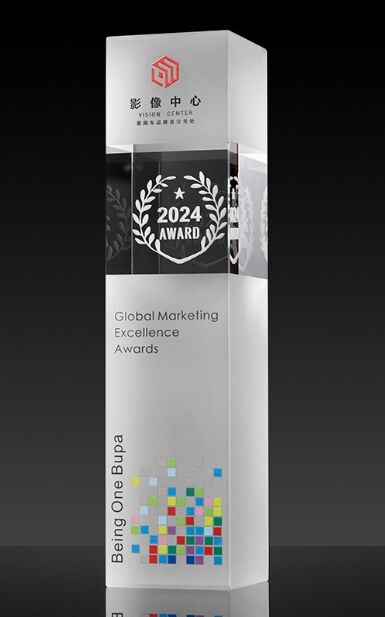 Modern Crystal Award with Red-Orange Logo, Laurel Wreath & Colorful Squares