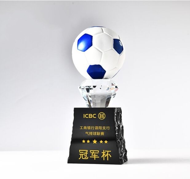 Crystal Award: Blue & White Soccer Ball on Crystal & Black Resin Base
