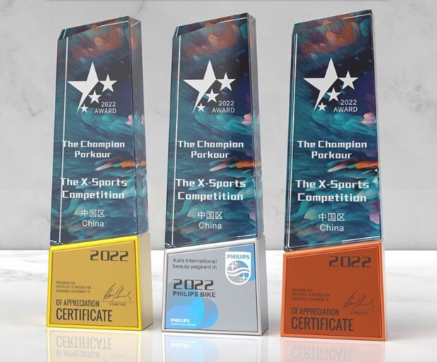 Crystal Award - Blue & Orange Crystal with Star Emblem and Metallic Base