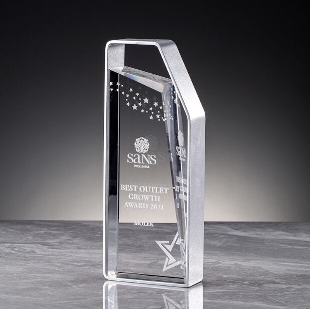 Crystal Award - Silver Frame Angled Top