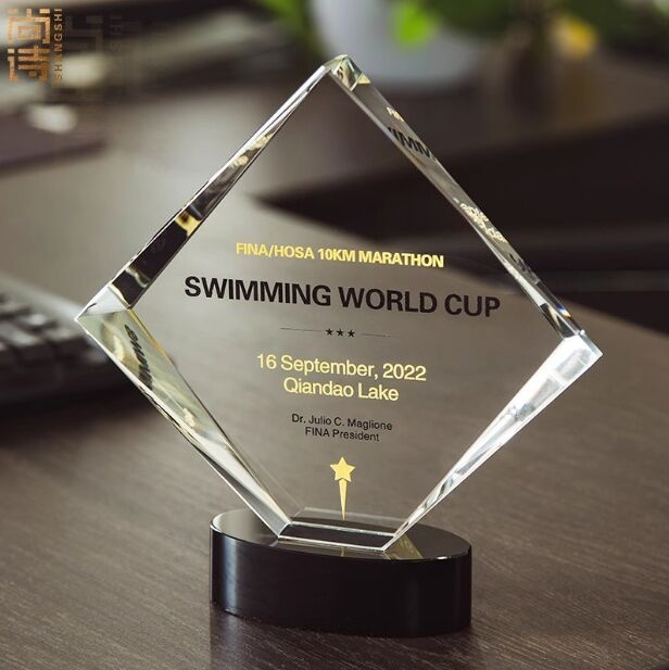 Crystal Award - Diamond Shape Clear and Gold Swimming World Cup