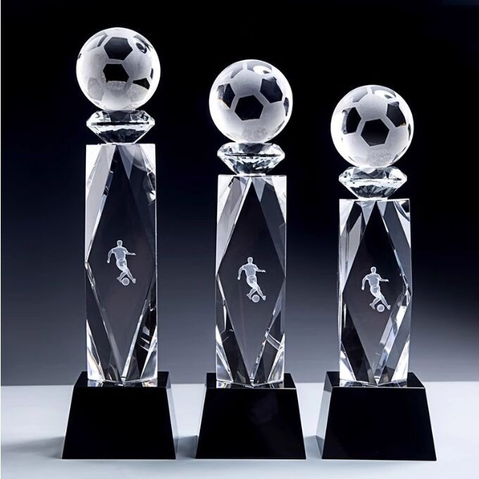 Crystal Award - Clear Soccer Ball and Faceted Column