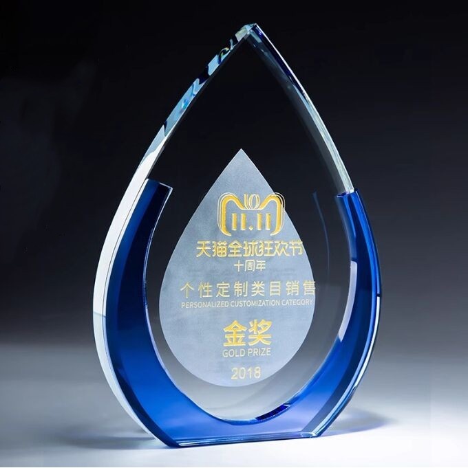 Crystal Award - Blue Droplet Shape with Gold Accents