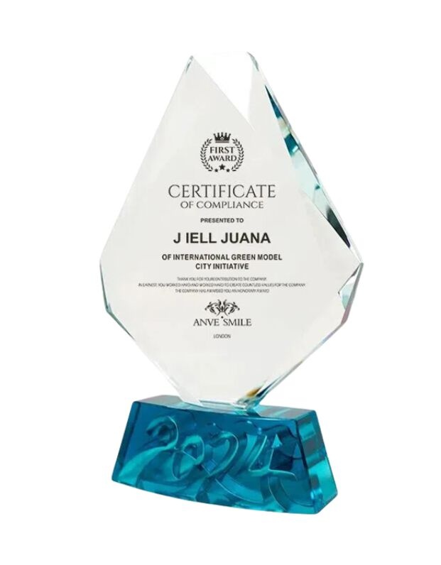 Clear Crystal Award with Teal Base and Geometric Design
