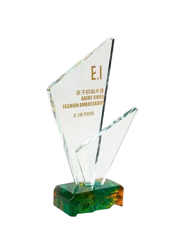 Clear Crystal Award with Green and Orange Base