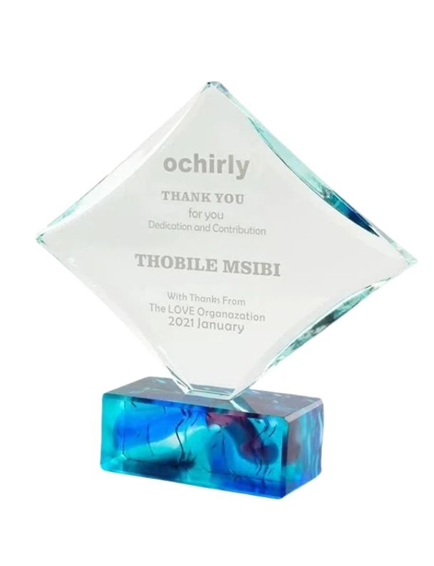 Diamond-Shaped Crystal Award with Blue-Purple Base