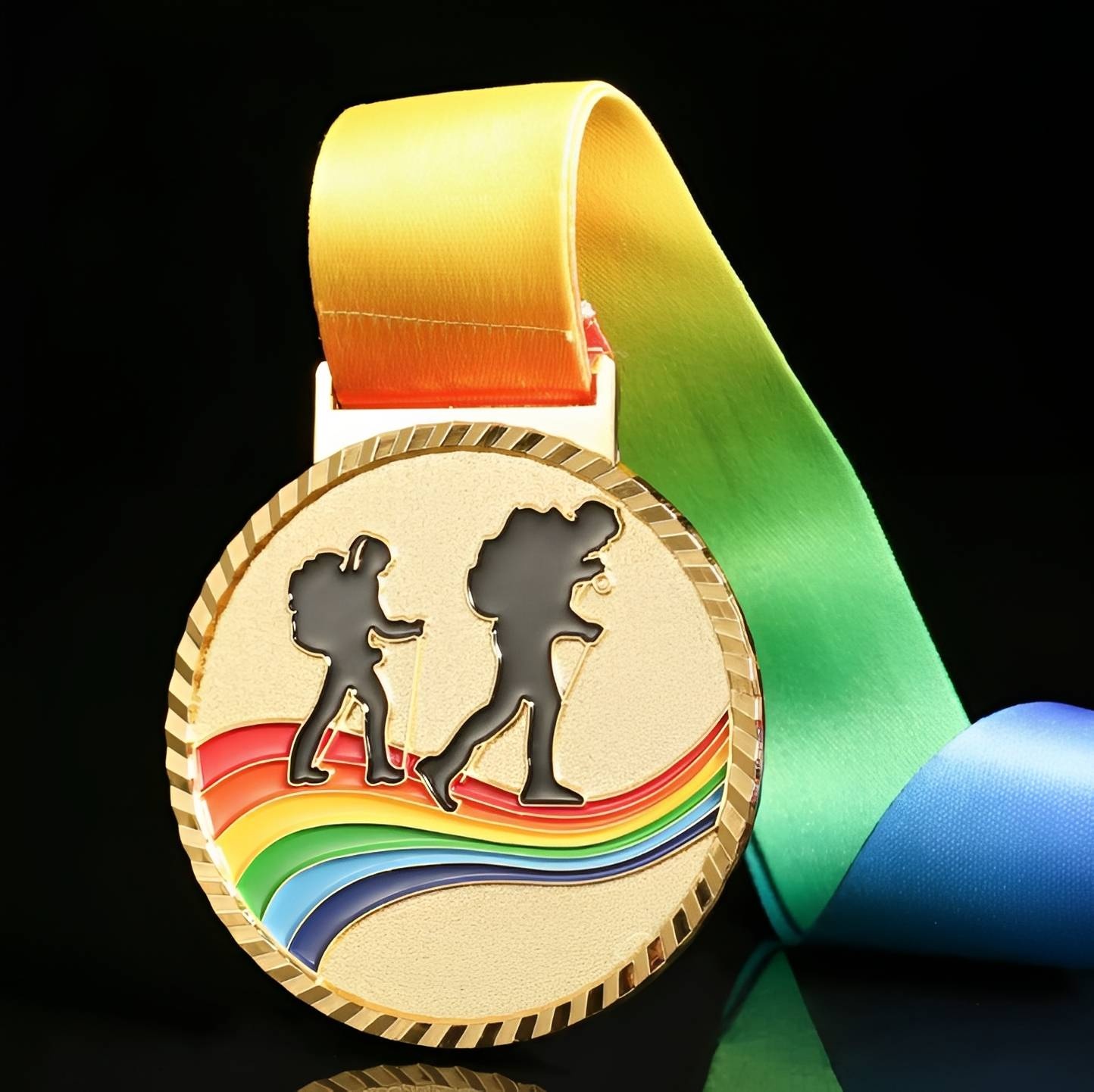 Hiking Medal with Rainbow Design and Colorful Ribbon - 7cm Diameter