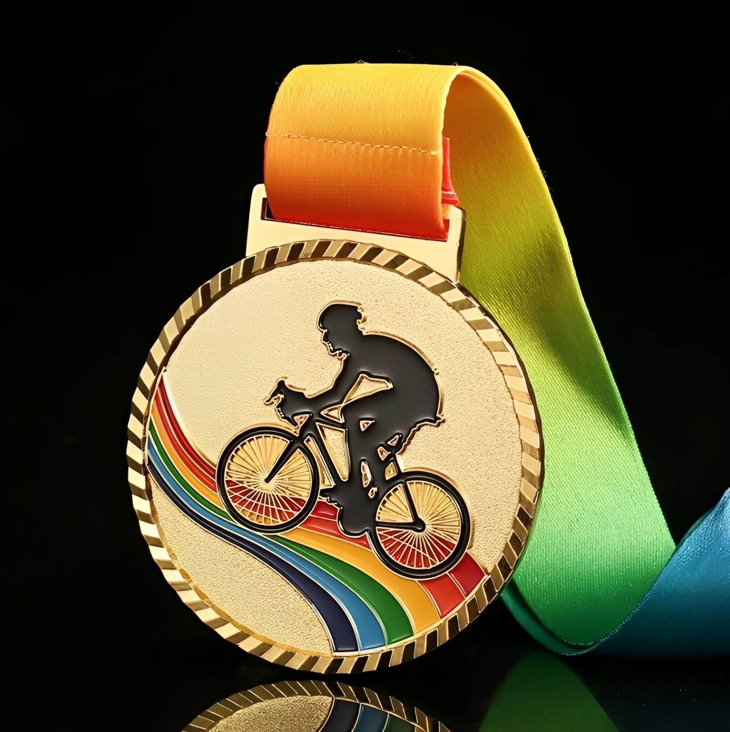Cycling Medal with Rainbow and Cyclist Silhouette - 7cm