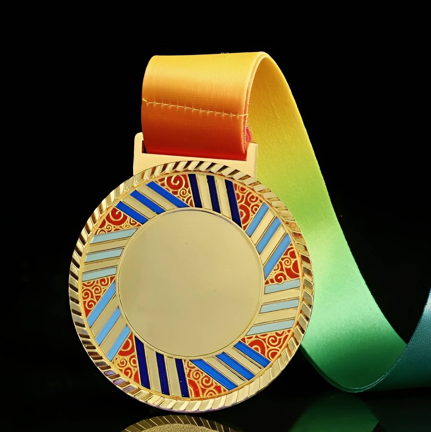 Gold Medal with Colorful Ribbon and Intricate Pattern