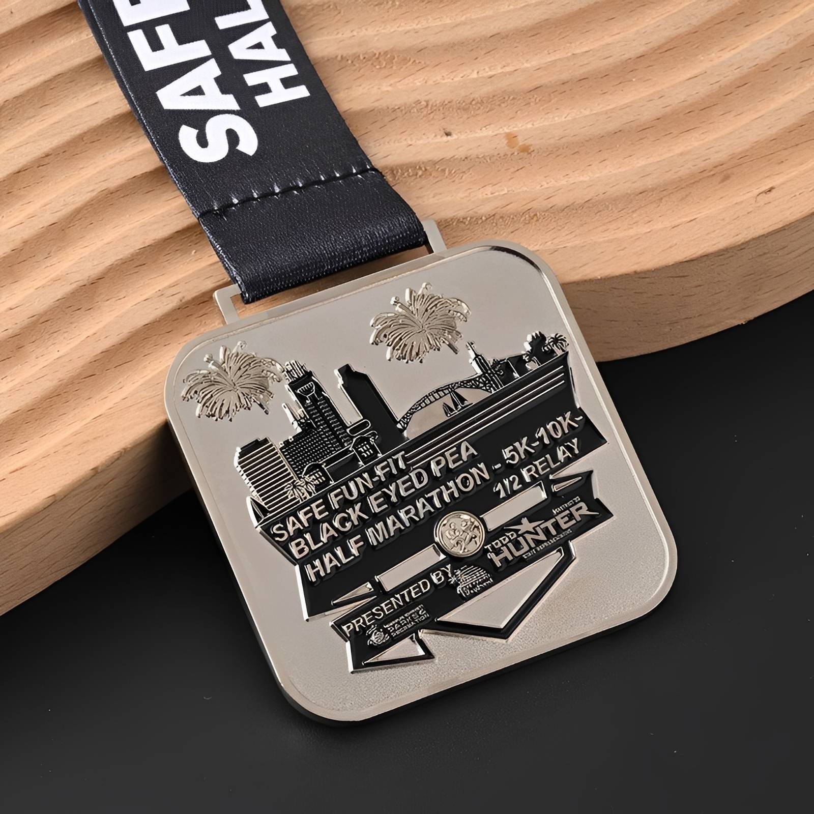 Black Eyed Pea Half Marathon Medal with Cityscape Design