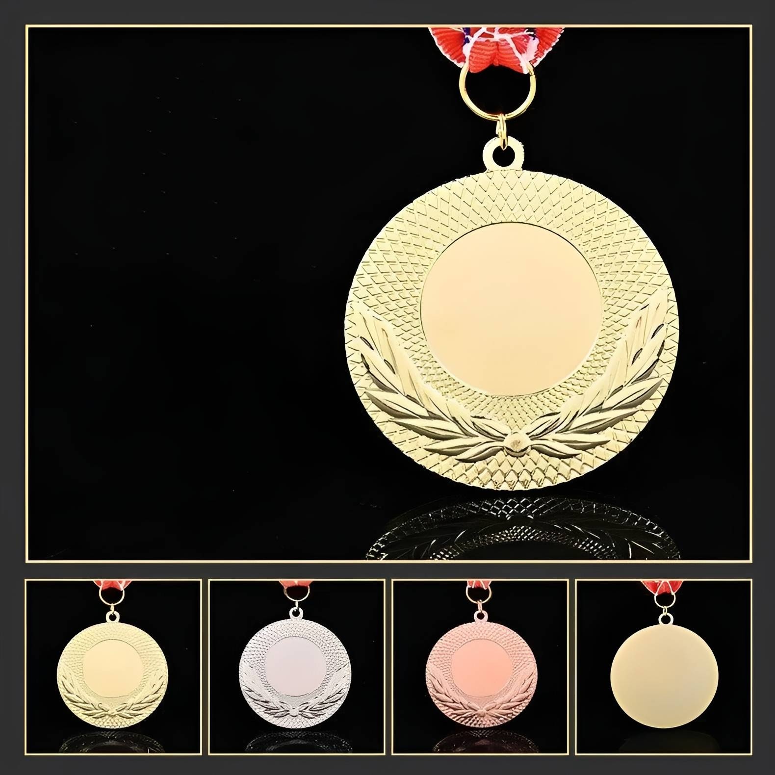 Round Gold Laurel Wreath Medal with Ribbon