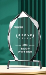 Clear Faceted Crystal Award with White Text