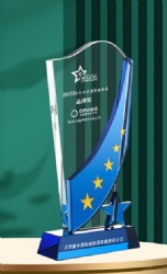 Blue Crystal Shield Award with Gold Stars and Base - Crystal Award