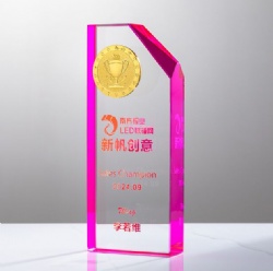 Crystal Award - Fuchsia Framed Crystal with Gold Medal
