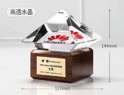 Crystal Award with Red Logo and Walnut Wood Base