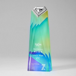 Crystal Award - Gradient Blue & Green Prism with Silver Top