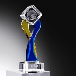 Crystal Award - Clear Globe, Blue & Yellow Ribbons