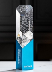 Crystal Award: Geometric Crystal with Silver Pattern and Blue Base