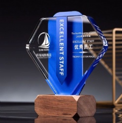 Clear Crystal Award with Diamond Shape, Blue Ribbon and Wooden Base