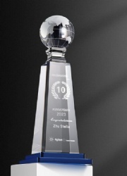 Crystal Award: Globe Top with Anniversary Text and Blue Base