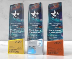 Crystal Award - Blue & Orange Crystal with Star Emblem and Metallic Base