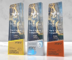 Crystal Award with Gold and Blue Crystal Body and Yellow/Silver/Orange Base
