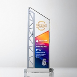 Crystal Award: Orange & Blue Angled Panel Silver Frame