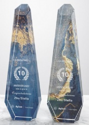 Crystal Award - Prism Shape with Blue and Gold Accents