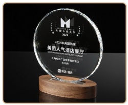 Circular Crystal Award with Walnut Base