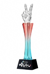 Crystal Award - Hand Gesture with Red-Blue Column