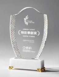 Clear Shield Crystal Award with White Marble Base