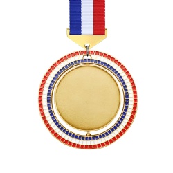 Circular medal with red, white, and blue mosaic border